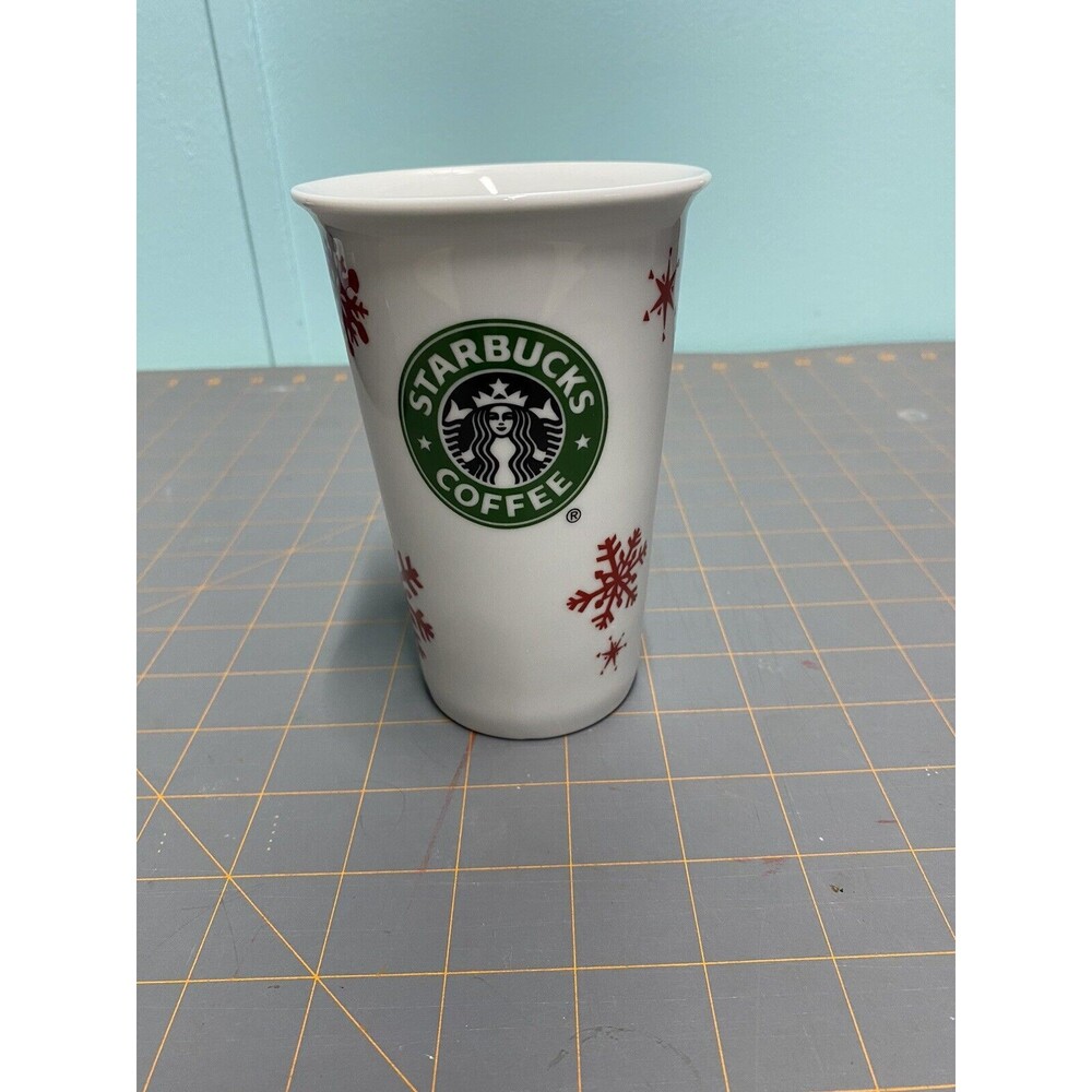 Starbucks 2010 Christmas Ceramic Coffee Tumbler Mug White w Red Snowflakes